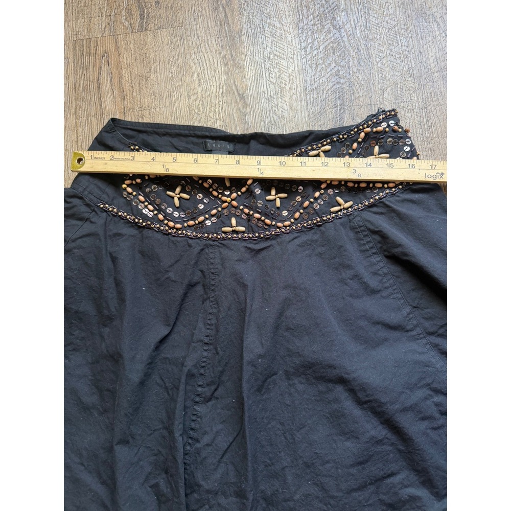 Lapis Black Cotton Beaded Sequin A-Line Skirt Boho Wood Bead Hem Size L 750 - Picture 5 of 9